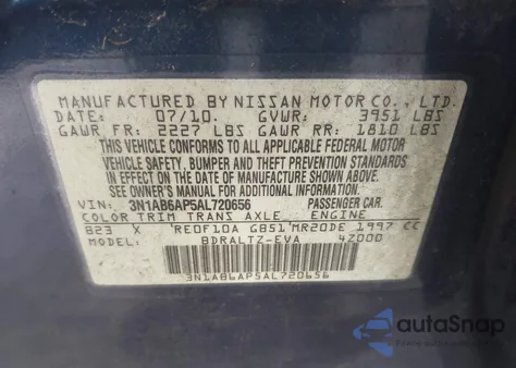 2010 Nissan Sentra 2.0S z USA, uszkodzony, nr VIN 3N1AB6AP5AL720656